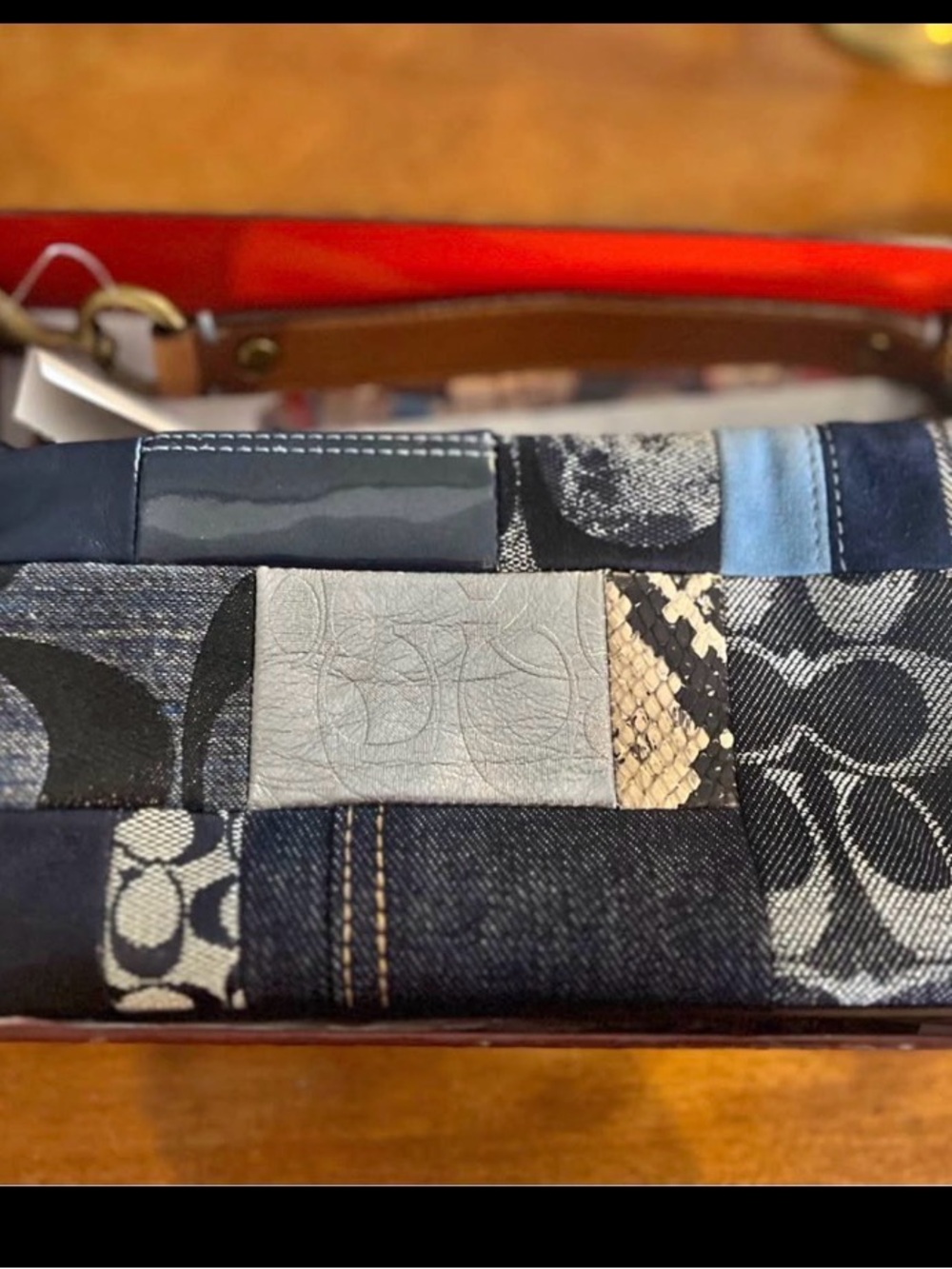 Patchwork Leather and Denim small Shoulder Bag in Black & Blue